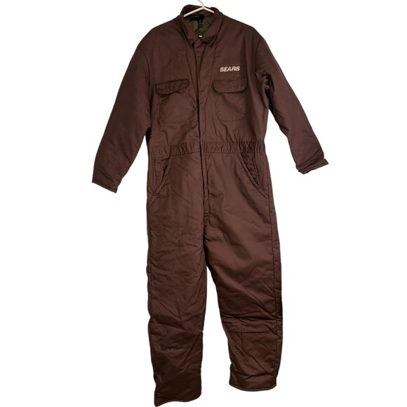 Vintage Sears Workwear Brown Insulated Coveralls Size L Nylon Polyester 80's - Picture 1 of 11